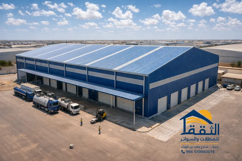 هنجر مستودع في جدة بتصميم هيكل حديدي قوي